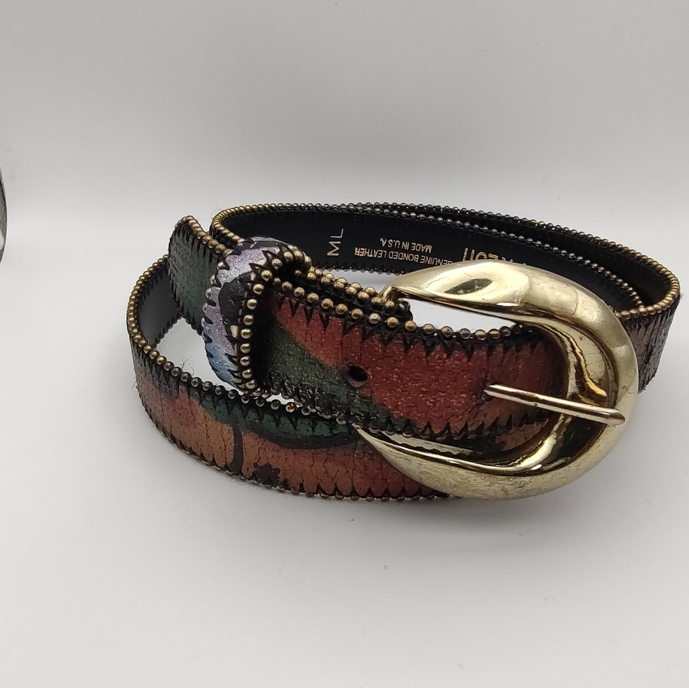 Absolutely Fresh Green Rust Brown Leather Belt with Metallic Camo Design 28/32"